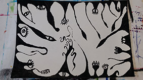 Indian ink on paper artwork consisting of dark frightening imagery